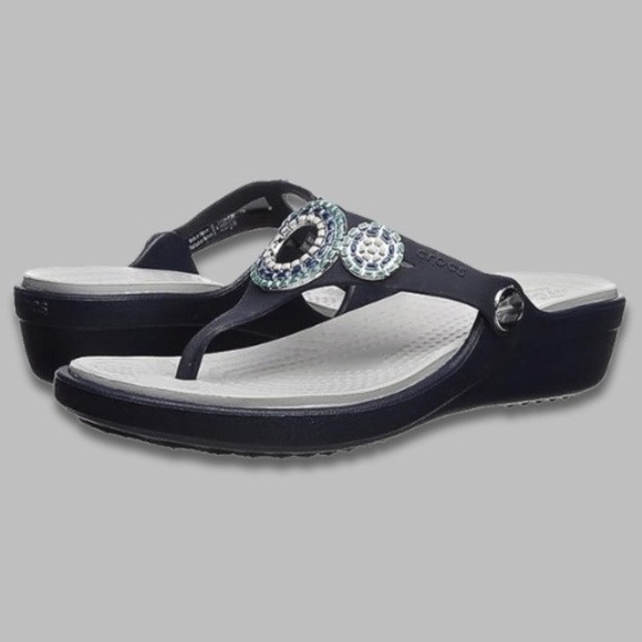 Crocs Sanrah Diamante Wedge Flip Sandals Deep Heel Cups Silver/Navy Women’s 10W - Picture 1 of 7